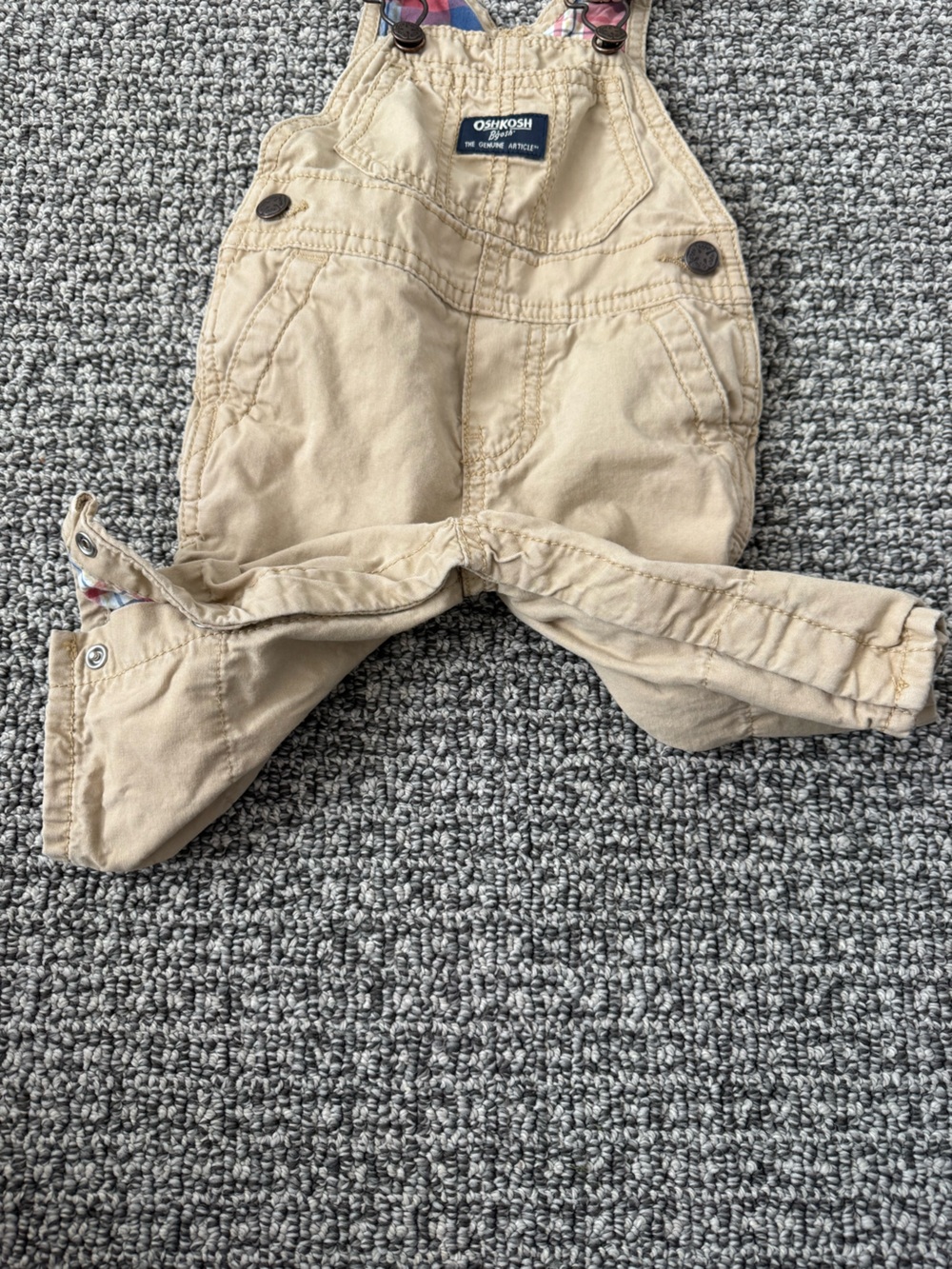 OshKosh B'gosh Khaki Baby Overalls with Plaid Lining - Picture 4 of 7
